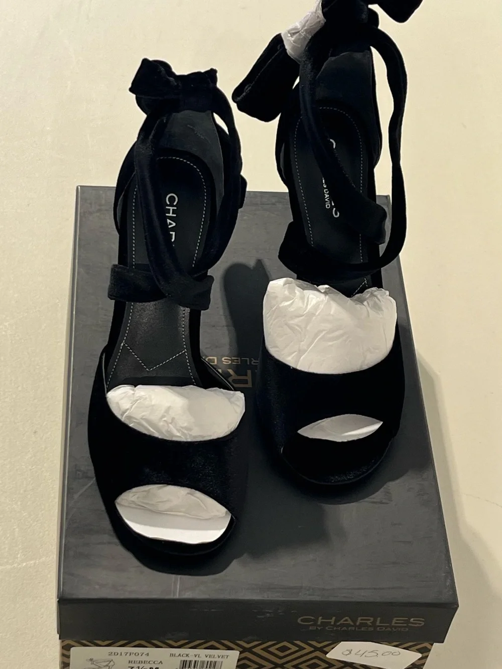 Charles David Black Velvet Lace-Up Stiletto Sandals